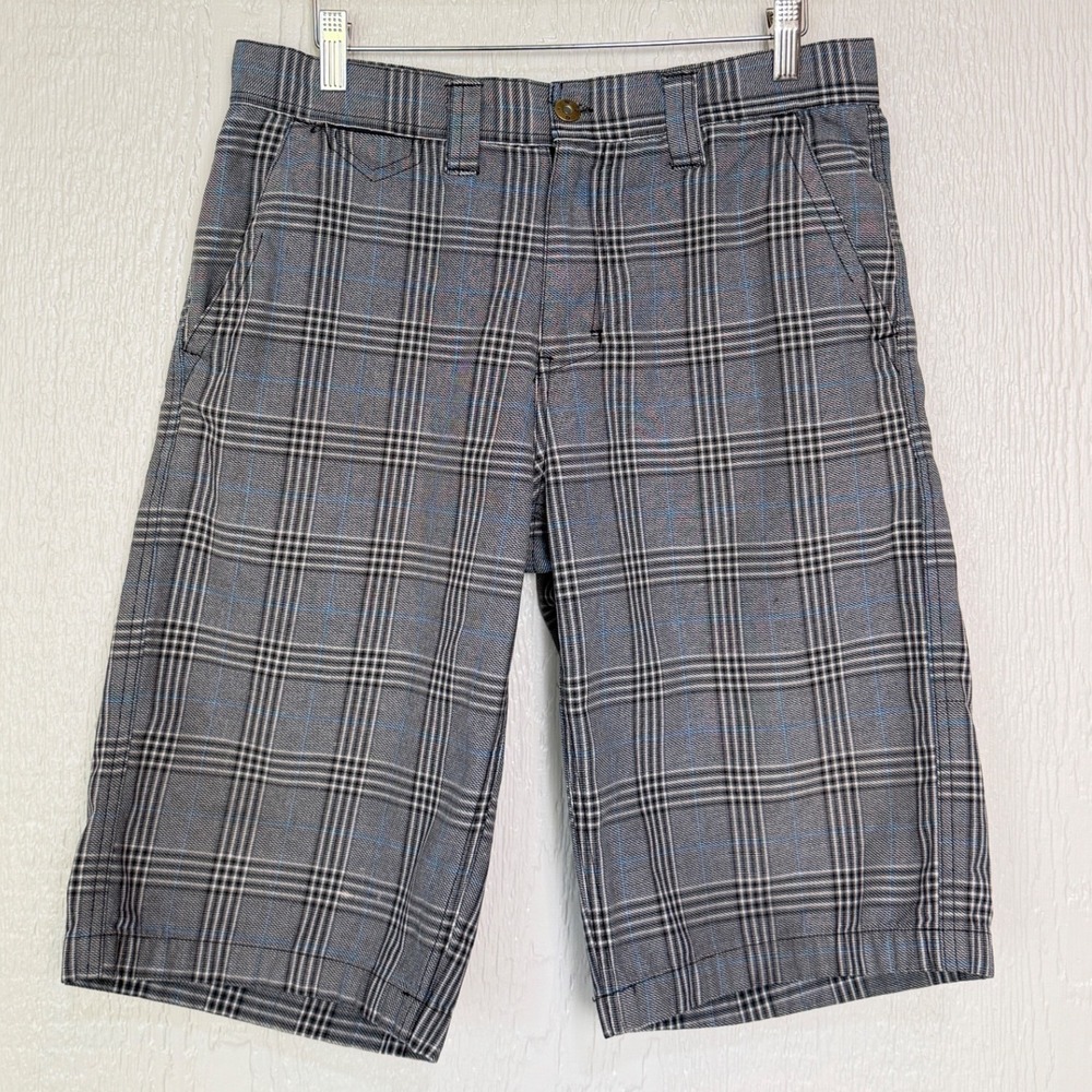 Free World Mens Plaid Shorts Grey Black Blue Flat Front Size 30 Skater Casual